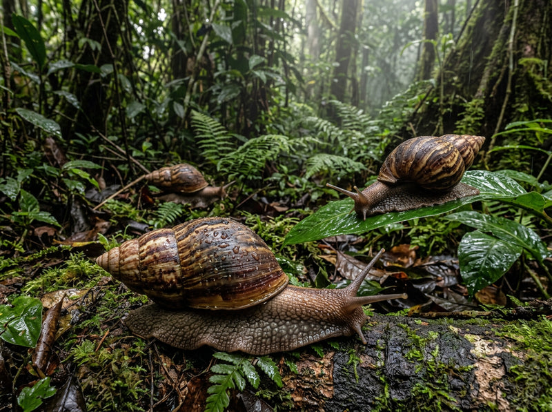 Jumbo African forest snails in a rain-fresh forest