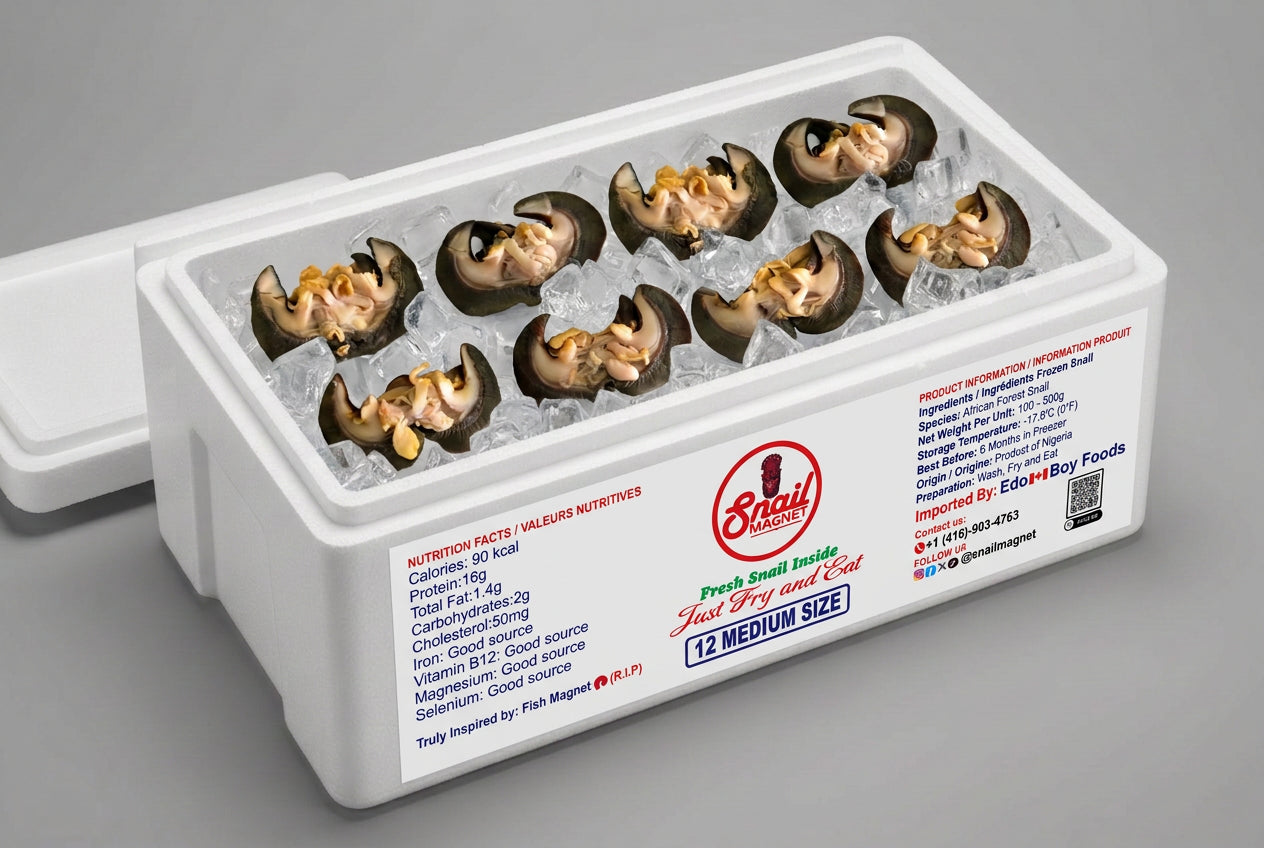 Eight prepared African snail pieces packed on solid ice in a Snail Magnet styrofoam cooler